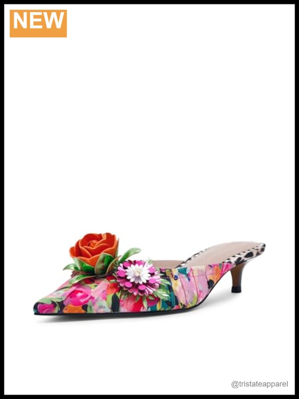 Pointed Toe Kitten Heel Pump with Floral Embellished Pull-On